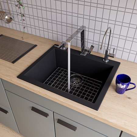 Alfi Brand Black 24" Drop-In Sgl Bowl Granite Composite Kitchen Sink AB2420DI-BLA
